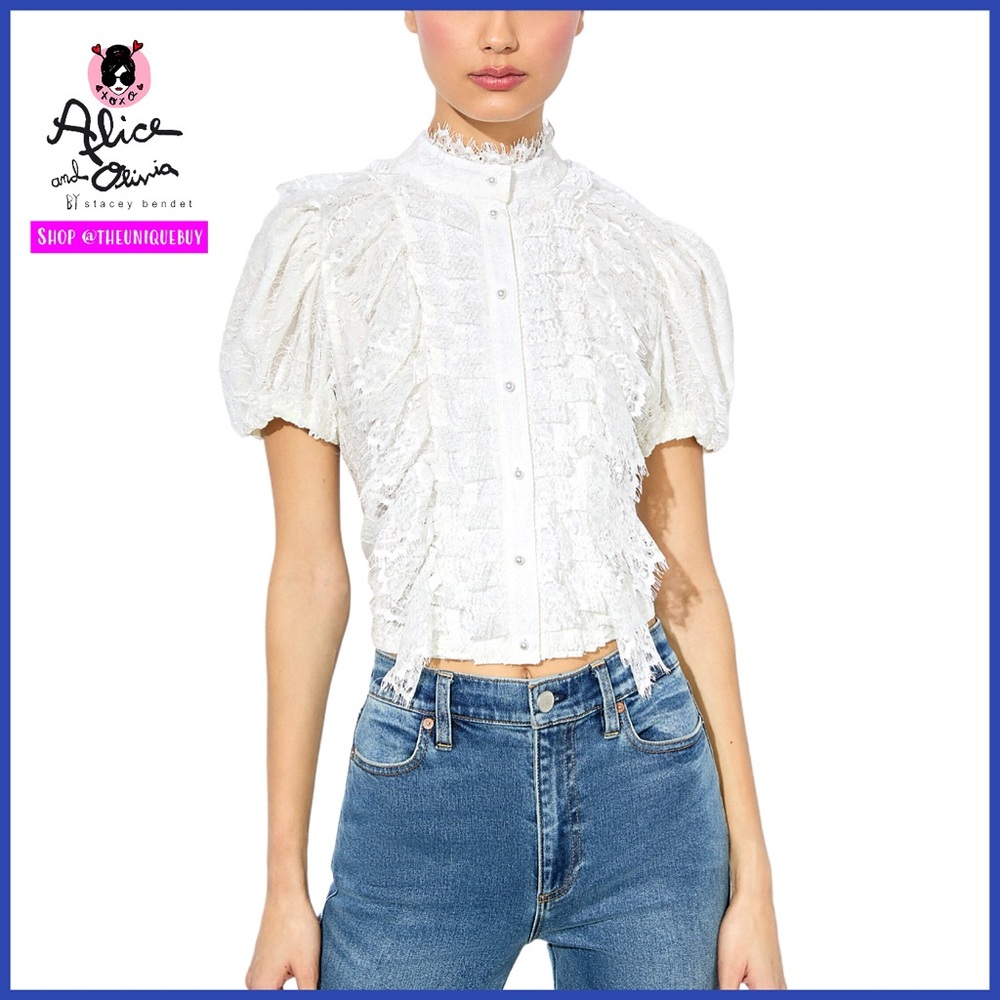Alice + Olivia Geraldine Off White Puffed Sleeve Lace Cropped Top